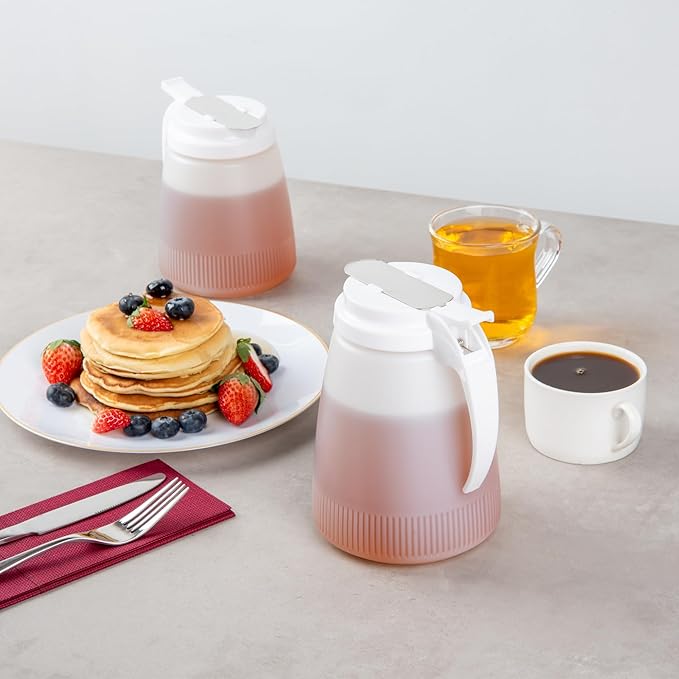 Restaurantware-Chef 101 48 Ounce All Purpose Syrup Dispenser, 1 Honey Dispenser - White Top, Stainless Steel Slide Cover, Plastic Pancake Syrup Bottle, Perfect For Diners, Restaurants, Home