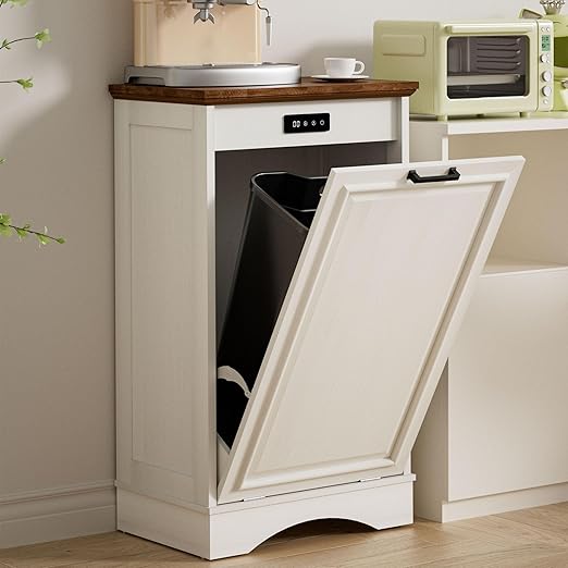 AHB 13 Gallons Tilt Out Trash Cabinet Hidden Kitchen Trash Can Cabinet Freestanding Recycling Cabinet with Deodorizing Function Pet Proof Trash Can Holder for Kitchen Living Room, Antique White
