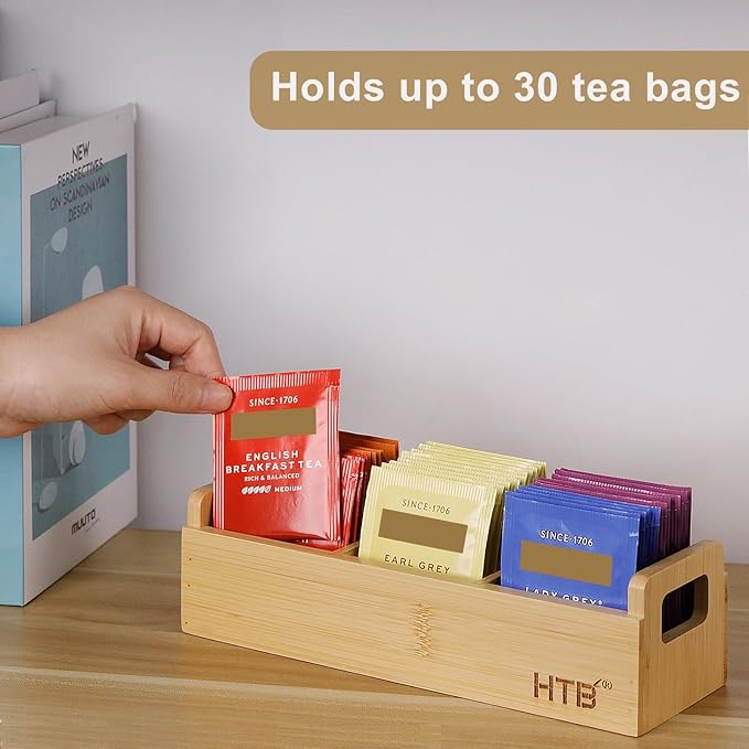 HTB Small Tea Bag Holder, Bamboo Tea Organizer 3 Compartments for Beverage Suppliers, Sugar, Sweeteners, Individual Packets, Portable Tea Bag Organizer for Home Kitchen Counter or Office
