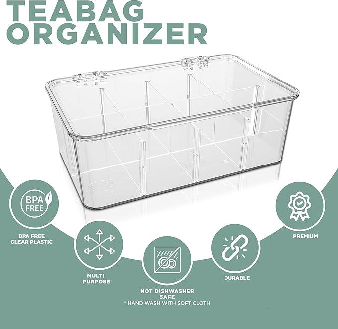 Utopia Home - Tea Bag Organizer With Lids, (1 Pack) Clear Pantry Storage Box - Stackable Partition Organizers or Holder With Lids For Drawers, Countertops, Fridge, Kitchen, Snack & Spice Organization