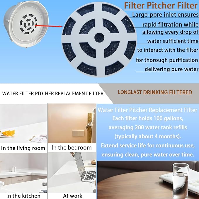 Water Pitcher Replacement Filter Compatible with Clearly Filtered Pitcher | 100-Gallon Long-Lasting, Fluoride & Heavy Metals Reduction, BPA Free, 2 Pack