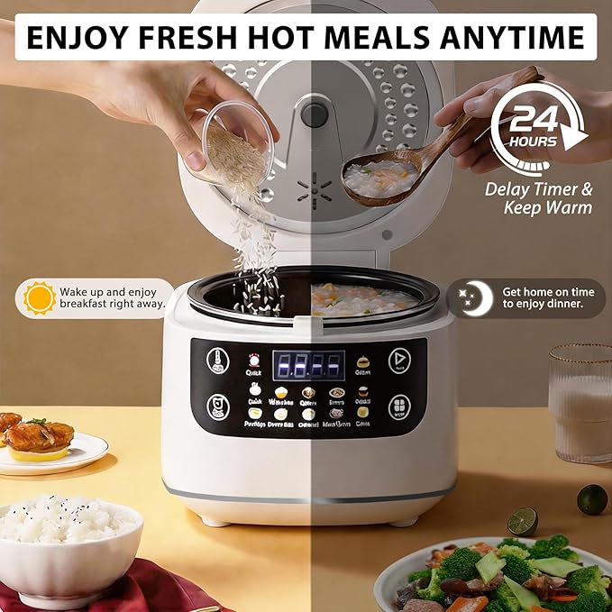 Portable Digital Rice Cooker, 6-Cup (Uncooked)/12-Cup (Cooked) Small Rice Maker with Steaming Basket, Mini Rice Cooker with 2L Removable Nonstick Inner Pot, 10 Menu Options, Auto Keep Warm, 24 Hour Delay Timer, White