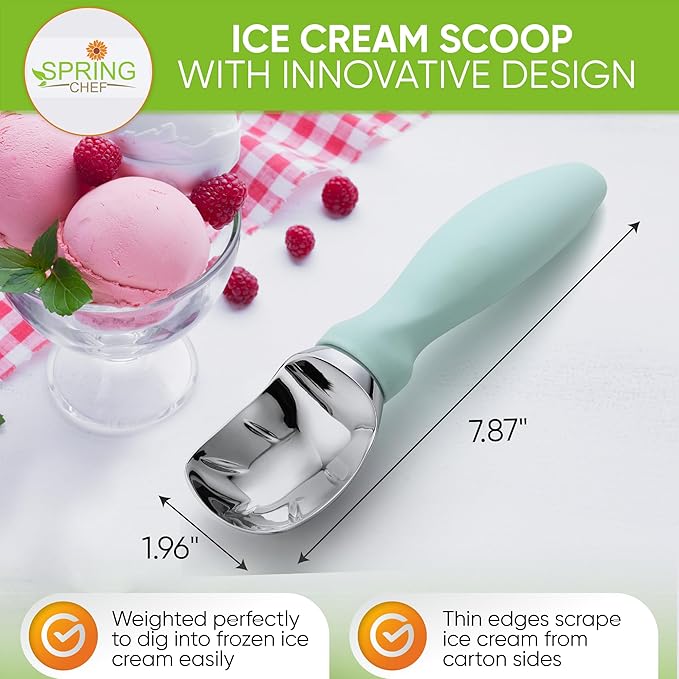 Spring Chef Heavy Duty Metal Ice Cream Scoop - Dishwasher Safe Ice Cream Scooper - Commercial Icecream Scoop Spade - Professional Kitchen Gadgets for Gelato, Melon, Sundae - Cookie Spoon - Mint