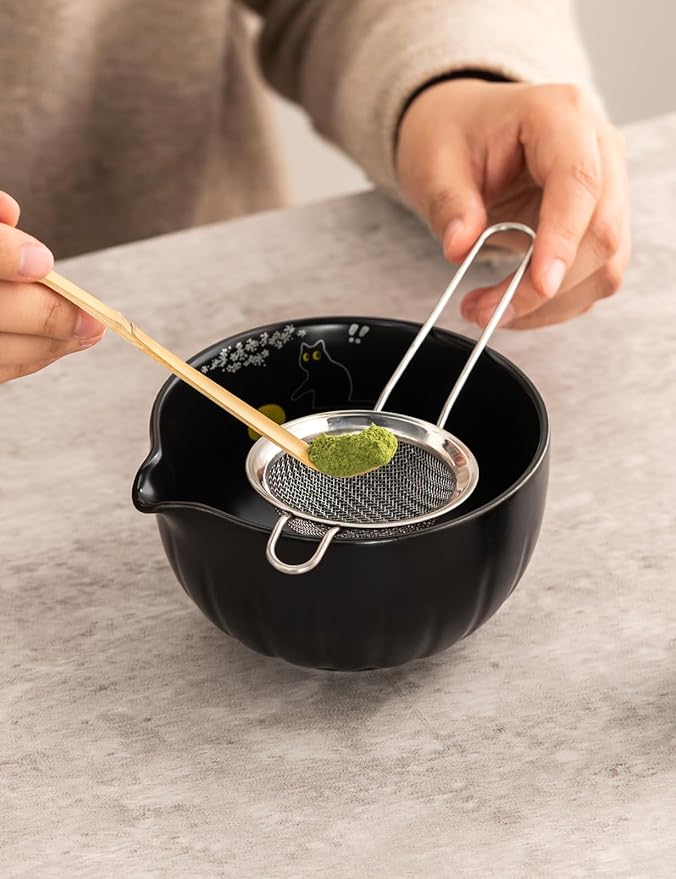 TANG PIN Premium Matcha Set - Traditional Japanese Matcha Making Kit with Spout Bowl (Chawan), Bamboo Whisk (Chasen) & Holder Stand - Complete Matcha Maker Starter Tools for Matcha Tea & Latt (Cat)