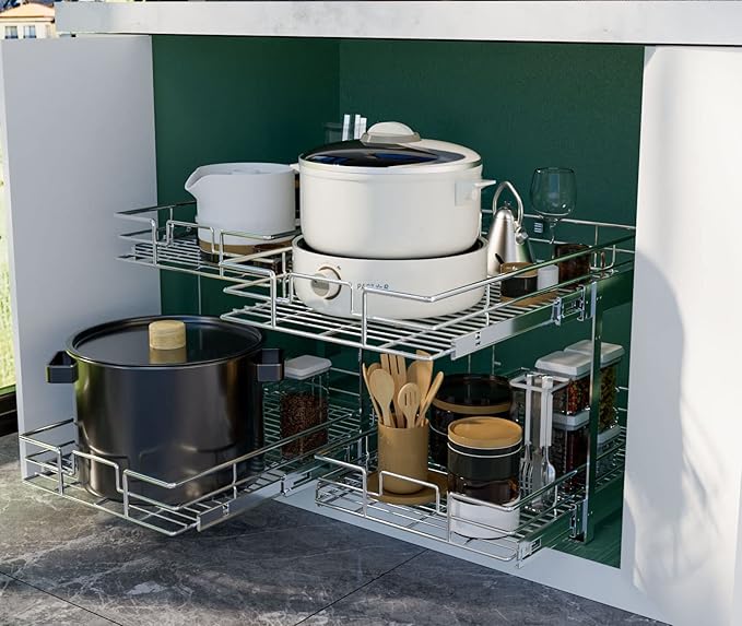 LOVMOR 2 Tier Individual Pull Out Cabinet Organizer 17" W x 21" D, Slide Out Kitchen Cabinet Storage Sliding Shelves