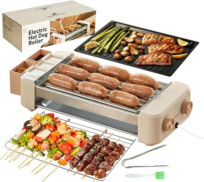 Hot Dog Roller, 3 in 1 Hot Dog Machine 6 Rollers, 3-Speed Control Hotdog Roller Grill 5ft Cord, Non-Stick Removable Grilling & BBQ Plates, for Family Gatherings & Outdoor BBQ
