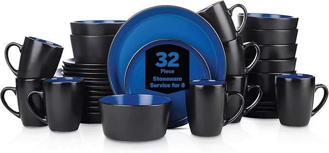 Stone Lain Albie Stoneware 32-Piece Modern Dinnerware Set, Kitchen Plates and Bowls Sets, Dish Set for 8, Blue and Black