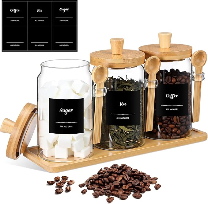 Suclain 3 Pcs Glass Coffee Container with Wooden Lid Spoon Shelf Labels Clear Airtight Jar Food Storage Canister Set for Sugar Spice Coffee Bean Holder Housewarming Gift(25 oz,Natural Bamboo)