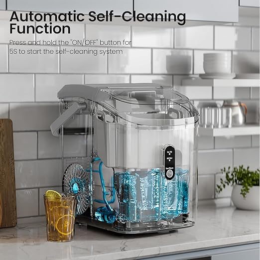 Croze Nugget Ice Maker Countertop with Self-Cleaning Function, Sonic Ice Maker Machine with Handle, 35lbs/Day High Capacity, Compact Design for Home & Office Use (Grey)