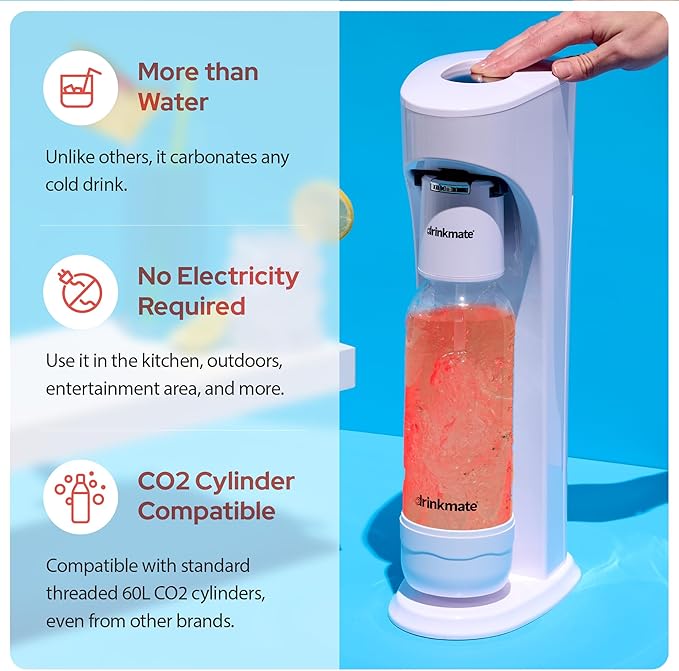 Drinkmate OmniFizz Sparkling Water Maker & Soda Streaming Machine | Carbonates Any Drink | PREMIUM KIT | Includes Four 60L CO2 Cartridges + One BPA-Free Bottle (Classic White)