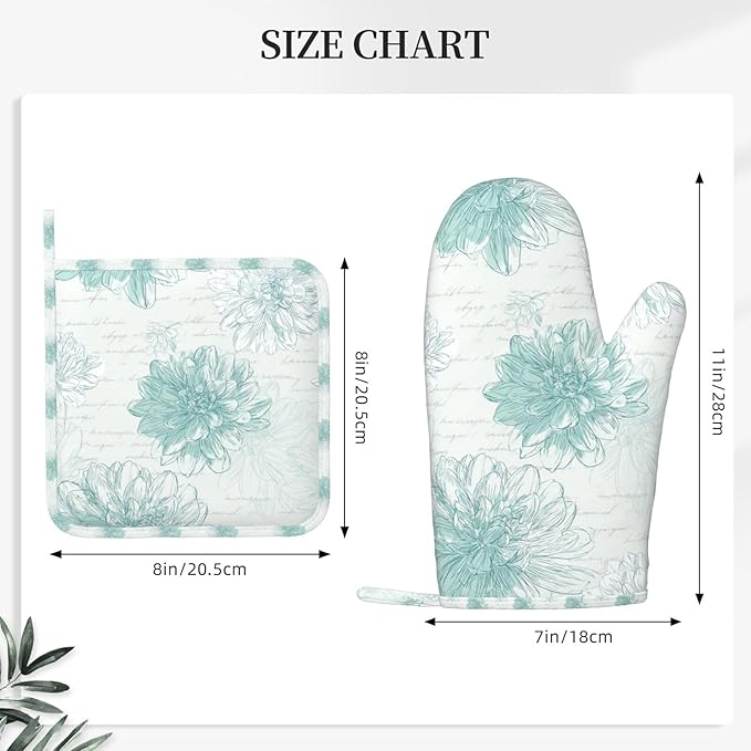 Oven Mitts and Pot Holders Dahlia Flower Pastel Vintage Silicone Kitchen Accessories Set of 4 Heat Resistant Long Gloves Potholder Non-Slip Grip for Chef Cooking Baking Grilling BBQ