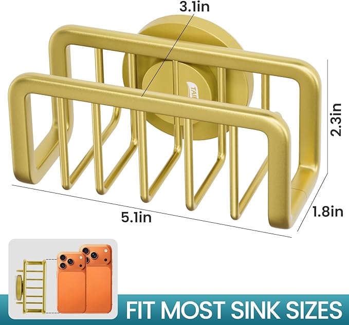 TAILI Sponge Holder for Kitchen Sink with Strong Suction Cup, Rustproof Aluminum Sink Caddy for Sponges, Removable Sponge Holder, Dish Brush for Scraper - Gold