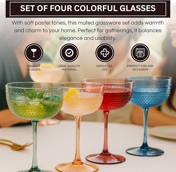 Khen Muted Hobnail Coupes Vintage Textured Pastel Style Cocktail Martini Champagne Saucer Retro Colored Glass Goblets |Set of 4 | 10.15oz Durable Glassware Decorative Barware Classic Party Drink