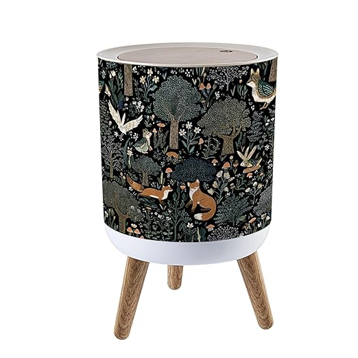 Trash Can with Lid Whimsical Woodland Foxes Birds Amidst Trees Flowers Press Top Round Small Garbage Bin with Wooden Legs Waste Basket for Kitchen Bedroom Nursery 7L/1.8 Gallon