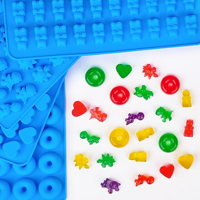 Puyeipt 4 PCS Silicone Gummy Candy Molds, 201 Cavities Non-Stick Mini Size Gummy Bear, Dinosaur, Heart and Donut Molds with 2 Droppers for Small Hard Candies, Jello, Chocolates