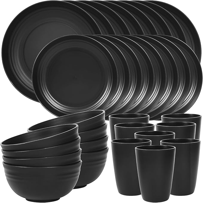 Quatish 32 Piece Plates and Bowls Sets for 8, Unbreakable Dinnerware Sets, Dish Set for Camping, Dishwasher Microwave Safe, Outdoor Kitchen and Apartment Dinning RV Essentials, Black