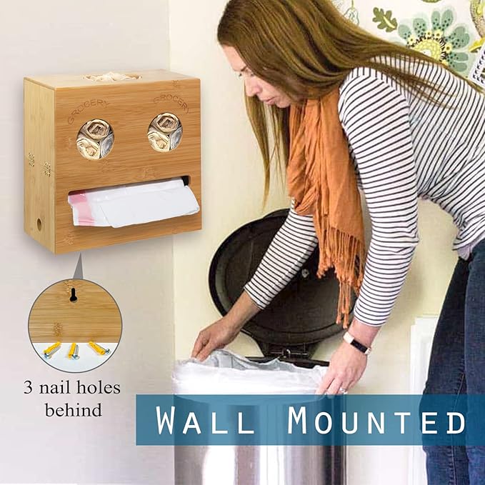 2-in-1 Trash Bag Dispenser & Grocery Bag Holder with Hanger for Standard Trash Bag Rolls, Trash Bag Storage Holder Organizer for Garbage Bags, Hang Over the Door and Wall Mounted