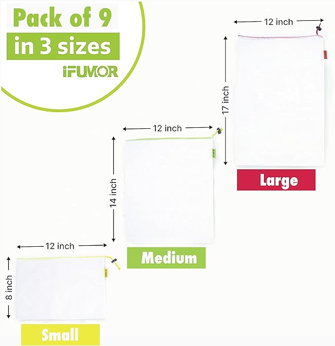 9 Pack Eco Friendly Reusable Mesh Produce Bags Washable Durable Drawstring with Colorful Tare Weight Tags Grocery Storage Vegetable Bags 3 Sizes