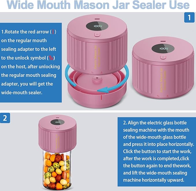 LOVE MOMENT Electric Mason Jar Vacuum Sealer Kit for Wide Mouth and Regular Mouth Mason Jar - Pink