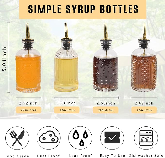 ChezMax Syrup Dispenser Bottles Set of 4, Simple Syrup Bottle for Coffee Bar Accessories, 7 oz Glass Coffee Syrup Dispenser Syrup Containers for Maple Honey Syrup Oil, with Metal Pour Spouts & Labels