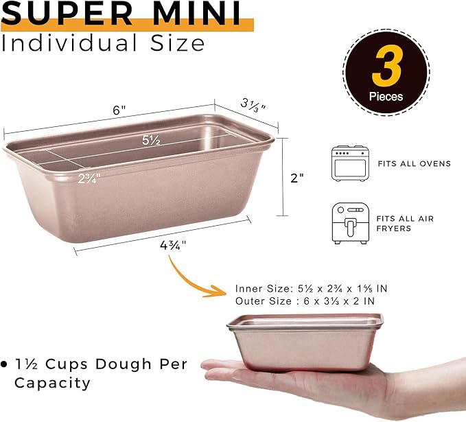 HONGBAKE Mini Loaf Pans for Baking, Nonstick Small Bread Pans of 3, 6 x 3.2 x 2 In Tiny Carbon Steel Small Baking Pans - Rose Gold