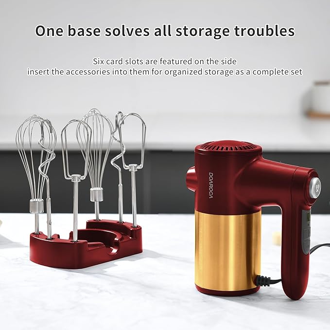 9-Speed Hand Mixer Electric,400W Powerful Red & Gold Electric Hand Mixer,handheld Mixer for Baking Cake Egg Cream,Turbo Boost/Digital Display + 9 Speed + Eject Button + 6 Stainless Steel Accessories