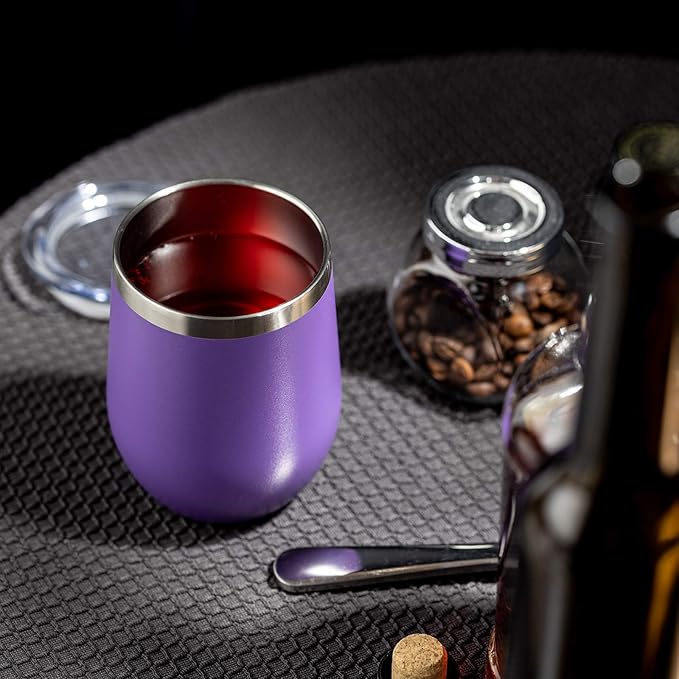 COMOOO Stainless Steel Wine Tumbler Glass Bulk with Lid and Straw 12oz Double Wall Vacuum Insulated Travel Tumbler Cup Stemless for Coffee Wine Cocktails Ice Cream Cup,Purple, 16 pack