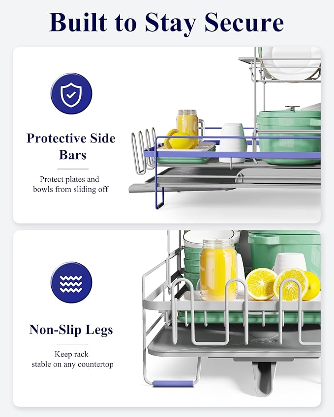 Kitsure Large Dish Drying Rack - Extendable Dish Rack, Multifunctional Dish Rack for Kitchen Counter, Anti-Rust Dish Drainers with Cutlery & Cup Holders 19.2"-26.7" L x 12.9" W x 13.6", Grey