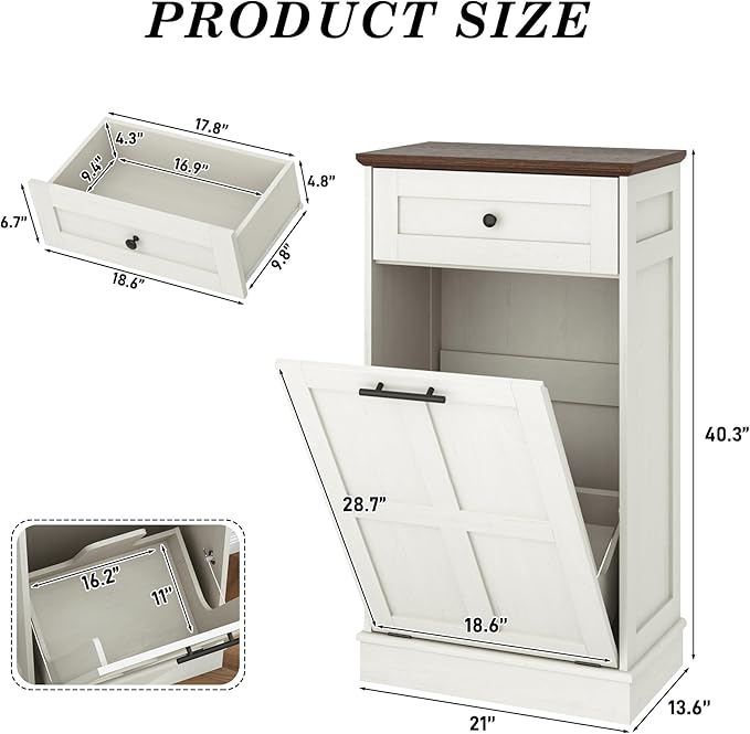 chartustriable Farmhouse Tilt-Out Trash Can Cabinet, 12.5 Gallon Laundry Hamper with Drawers, Wooden Hidden Garbage Can Cabinet w/Storage for Kitchen & Living Room, Antique White