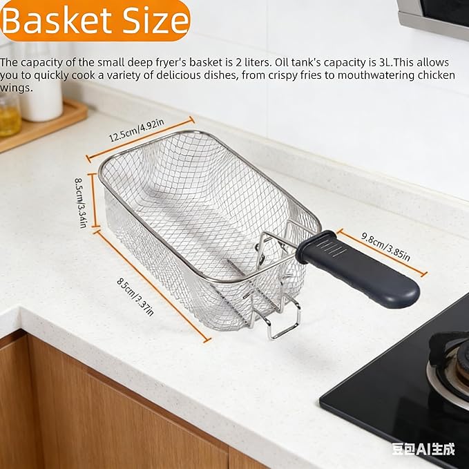 3L Deep Fryer with Basket for Home, 1300W Electric Small Deep Fryer with Temperature Control, Timer Control, View Window Lid, Stainless Steel Body for Restaurant Use