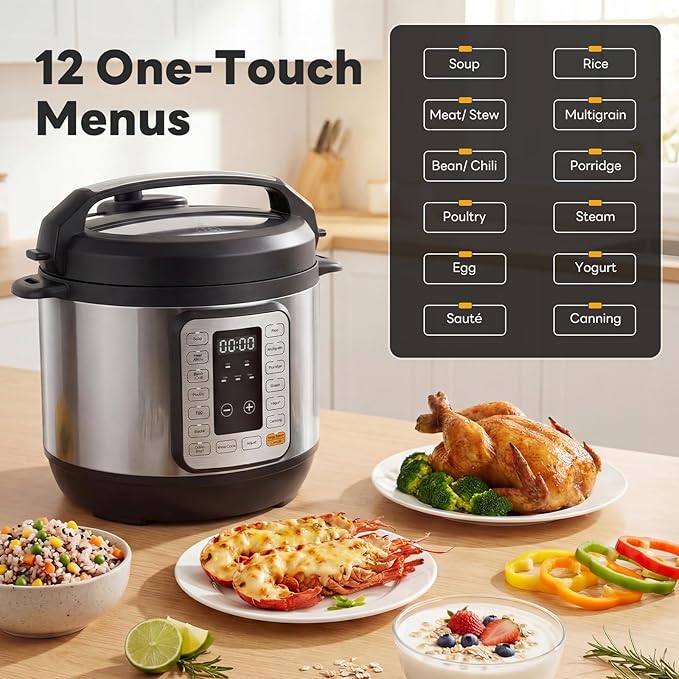 DUMOS Electric Pressure Cooker 16-in-1, 8QT Programmable Multi Cooker with 12 One-Touch Presets, Soup Steam Yogurt and More, Ceramic Inner Pot Delay Start & Keep Warm, Includes Recipe Guide, Silver
