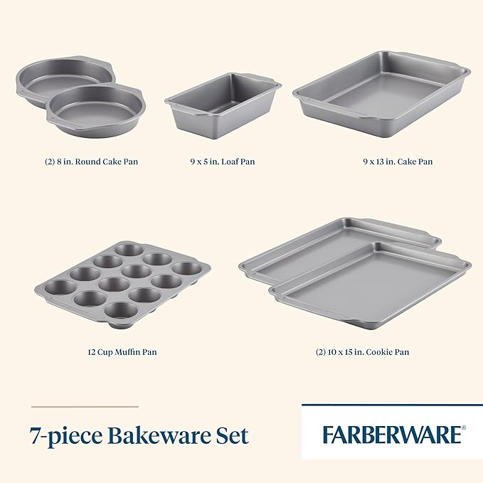 Farberware Bakeware Nonstick Baking Pans with Baking Sheets, Cake Pans, Meatloaf/Bread Pan, and Muffin Pan, 7 Piece Bakeware Set - Gray