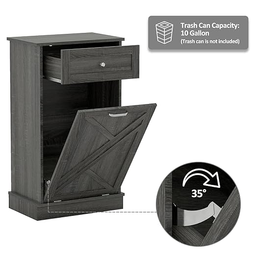 Tilt Out Trash Cabinet-Free Standing Kitchen Waste Bin-Wooden Recycling Trash Cabinet with Drawer-Oak Grey