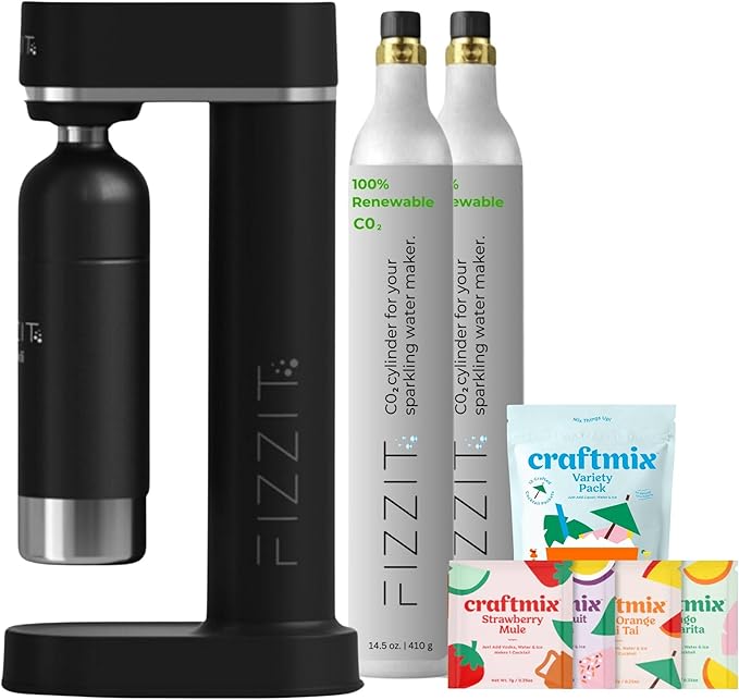 FIZZIT Fizz & Flavor Power Bundle | Soda Maker with 12-Flavor Drink Mix Variety Pack & 2 CO? Cylinders | Customizable Carbonation, Eco-Friendly, No Electricity Needed