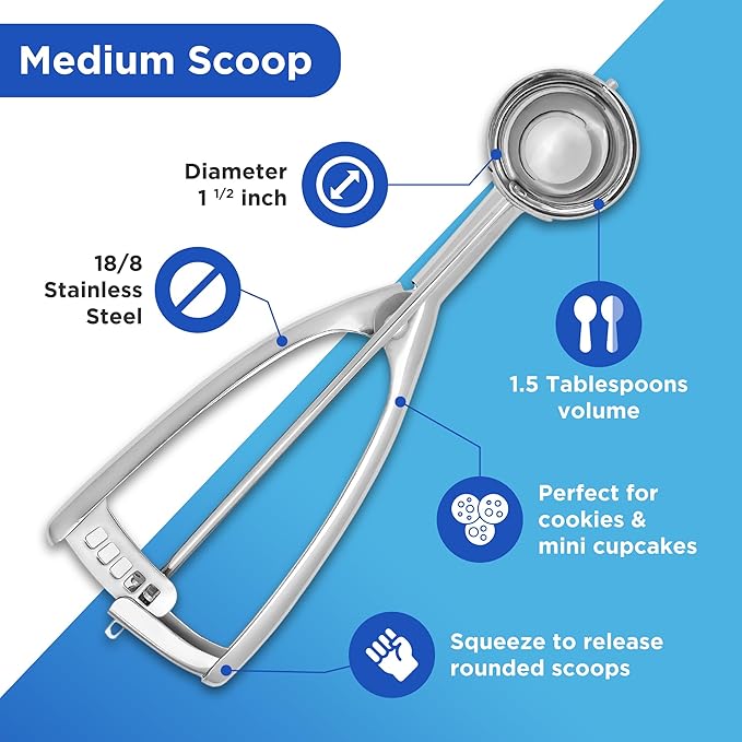 Jenaluca Medium Scoop - Cookie & Mini Cupcake Scooper - 1.5 tablespoon Disher #50 stainless steel baking scoop