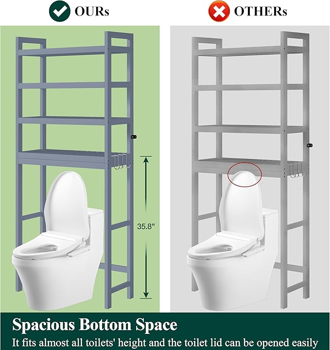 Smiry Over The Toilet Storage Cabinet, 4-Tier Bamboo Bathroom Organizers with Adjustable Shelf & 4 Hooks, Space Saving Shelf Rack for Bathrooms, Laundry Room, Balcony, Grey