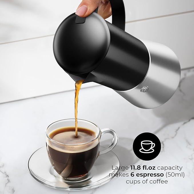 Stovetop Espresso Maker, Stainless Steel Moka Pot 6 Cup Espresso Maker (12 fl oz), Italian Coffee Pot, Compatible with Gas, Electric and Induction, Black & Silver Finish