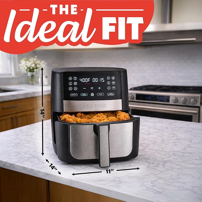 Gourmia 8 Qt Digital Air Fryer GAF826 – XL Capacity with 12 One-Touch Presets, Nonstick Dishwasher Safe Basket, Oil-Free Cooking, ETL-Certified, Sleek Black Finish