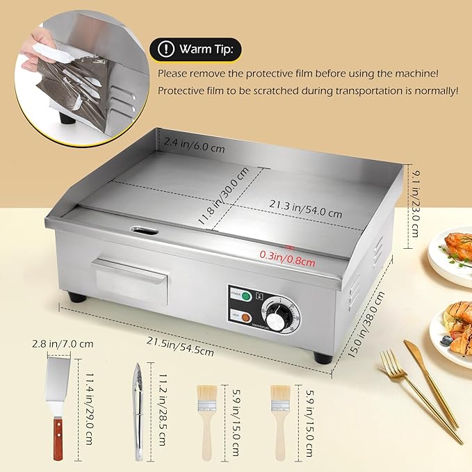 Dyna-Living Commercial Electric Griddle 22'' Flat Top Grill Countertop 3000W Stainless Steel Electric Griddle Nonstick Commercial Flat Top Griddle Countertop Grills, 122°F-572°F Temp Adjustable