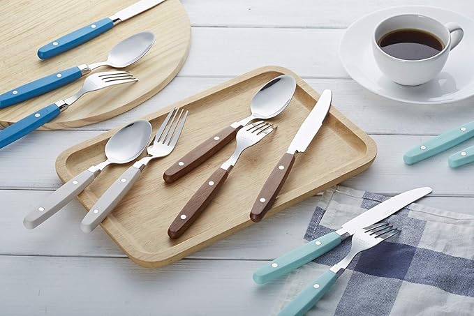 ANNOVA Silverware Set, Retro/Rivet Colorful Stainless Steel Tableware Kitchen Flatware Set Utensils, Includes Dinner Knives, Forks, Spoons, Salad Forks & Dessert Spoons (Wood, 20 Pieces)