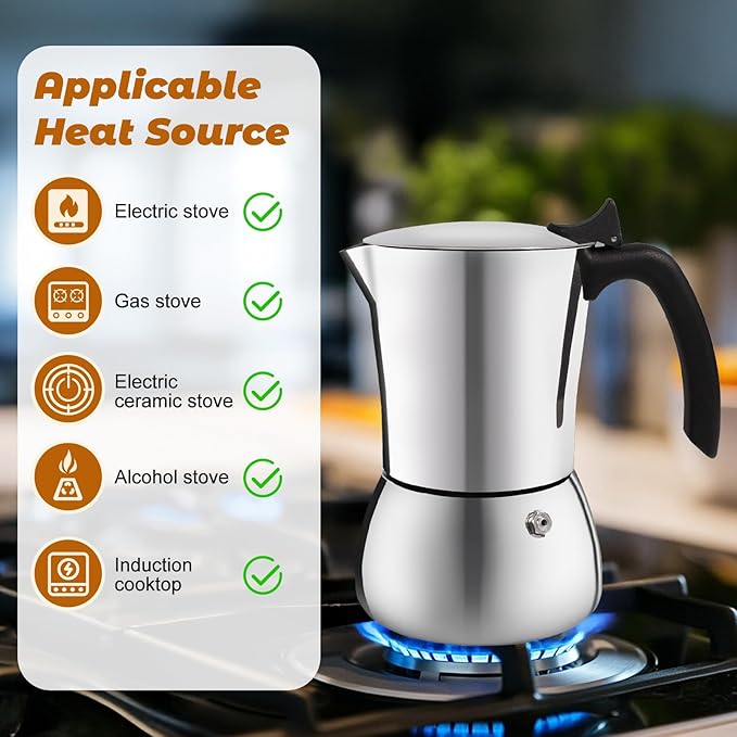 No Coating 6 Cup Thickened 304 Stainless Steel Moka Pot Stovetop Espresso Maker Italian Coffee Machine 300ml 10oz Suitable for Gas Induction Stovetop Greca Coffee Maker Percolator