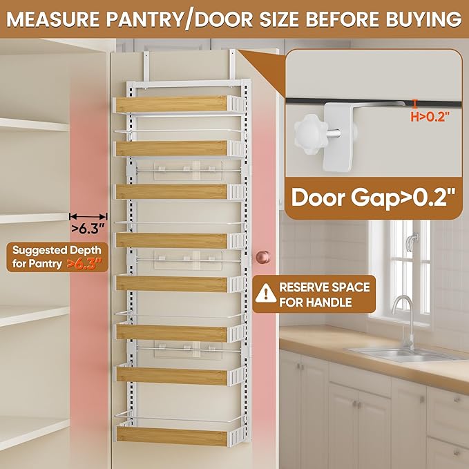 8 Tier Over The Door Pantry Organizer, 2 IN 1 Wall Mount or Hanging Spice Rack Seasoning Shelves with Adjustable Basket, Back of Door Organizer and Storage for Kitchen Cabinet and Room Closet