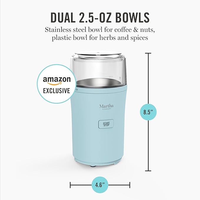 Martha Stewart Electric Coffee & Spice Grinder, Dual 2.5oz Removable Bowls, Storage Lids, Stainless Steel Blades, One Touch Pulse Control, 2-in-1 Compact, Beans & Spices, Herbs & Nuts, Sky Blue