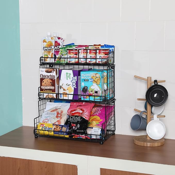 X-cosrack Stackable Wire Basket 3 Tier Countertop& Wall Mounted Metal Storage Basket for Kitchen Pantry Cabinet, Muti-functional Open Front Bin Organizer for Food Fruit Snack, Black