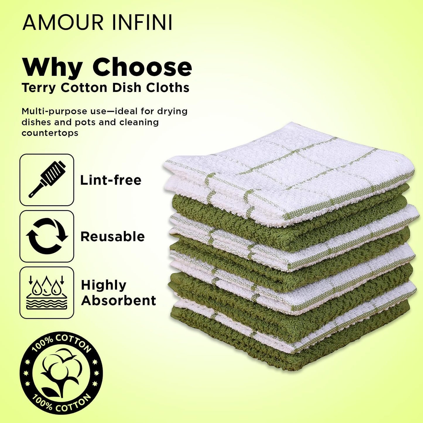AMOUR INFINI Cotton Kitchen Dish Cloths Set of 8 – Highly Absorbent, Super Soft Premium Terry Cleaning Cloth (12"x12" Inch) Premium Dishcloths for Washing Dishes (Green)