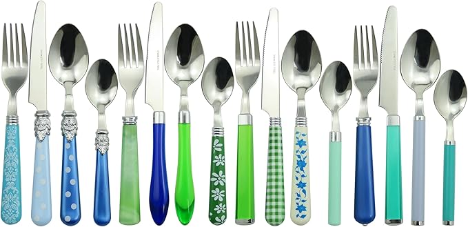 The Original Brink House Eclectic Blue Green Mix & Match Stainless Steel Cutlery Set / 16 pieces with Metal Stand/Lifestyle utensils set for home, first apartment, dorm, dinner parties