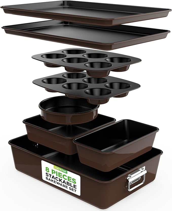 NutriChef 8-Piece Nonstick Stackable Bakeware Set – Non Toxic Carbon Steel Baking Trays W/Cookies Sheet Muffin, Loaf, Cake, Round & Square Pan – Easy To clean & Easy to Release, Oven Safe – Brown