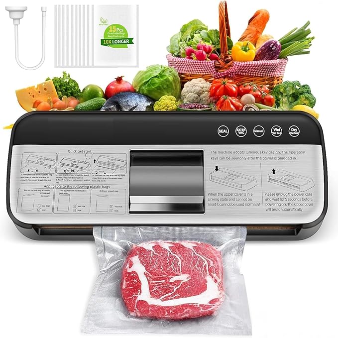 85KPa Vacuum Sealer Machine, One-Touch Automatic Food Sealer with 15 Bags, Dry/Moist/Seal/Manual/External Vac, 7MM Heating wire, Compact Easy-Clean for Food Storage and Sous Vide