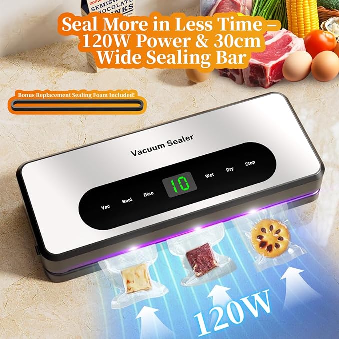 Vacuum Sealer Machine with UV-C Light, Includes Mason Jar Sealer Kit and 2 Bag Rolls, Digital Display & Built-in Cutter, Fully Automatic Dry & Moist Modes, Compact for Food Storage and Sous Vide