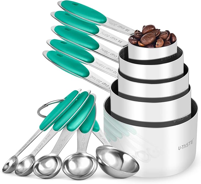 Measuring Cups and Spoons Set: U-Taste 18/8 Stainless Steel 10 Pieces Metal Stacking Kitchen Baking Cooking Food Measure Set 5 Cups 5 Spoons with Strengthened Weld Joints (Teal, Upgraded Version)